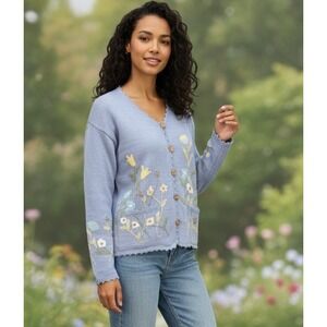 Kindred Spirit Sweater Cardigan Women's M Purple Floral Embroidered Pockets NWOT